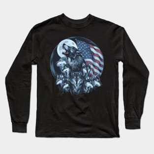 Wolves Under Moon Howling Wolf 4th of July American Flag Long Sleeve T-Shirt